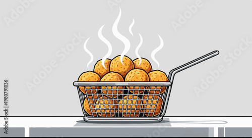 A frying basket overflowing with golden, hot, round snacks, emitting steam