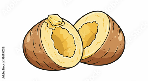 A halved potato with melting butter on top against a white background