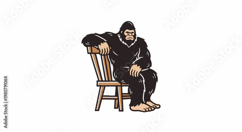 A furry creature with dark fur sits relaxed on a wooden chair