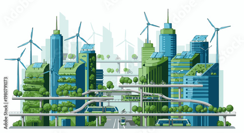 A futuristic eco-city with wind turbines, solar panels, green buildings, and public transport