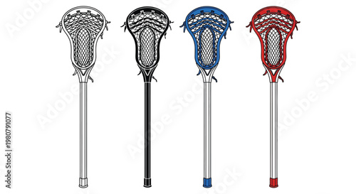 A vector illustration set of four distinct lacrosse sticks in various colors and outline styles.