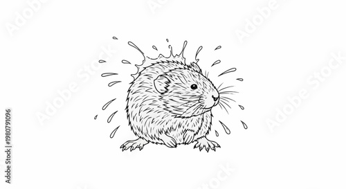 A furry creature with round ears emerges from a water splash