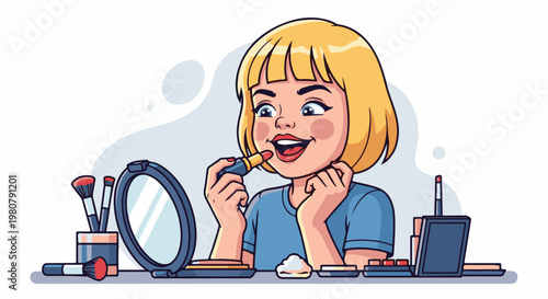 A girl with blonde hair is applying lipstick in front of a mirror