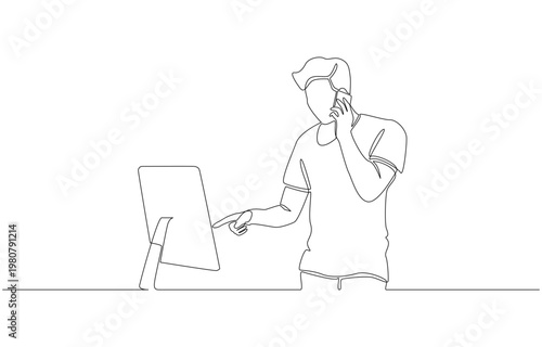 Continuous one line of man talking on phone pointing at computer screen, work from home, telecommunication, remote working concept, single line art