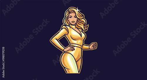 A glamorous woman in a shiny golden suit with wavy blonde hair