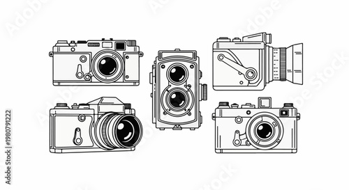 A collection of vintage cameras and a film recorder