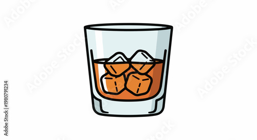 A glass of amber liquid with ice cubes, rendered in a simple illustration