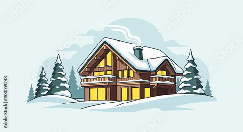 A cozy wooden cabin nestled in a snowy winter landscape with warm glowing windows