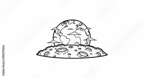 A globe with continents sits on a cratered surface with clouds around it