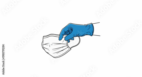 A gloved hand holds a disposable medical mask