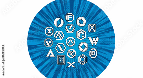 A collection of white geometric icons clustered in a blue radial pattern