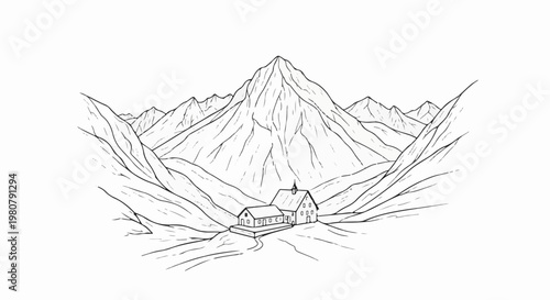 A hand-drawn sketch of a vast mountain range with two chalets in the valley
