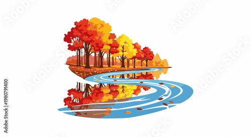 A colorful autumn forest scene reflected in a winding blue river