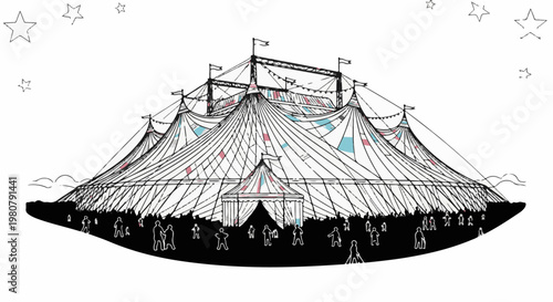 A grand circus tent with colorful banners, flags, and twinkling stars above