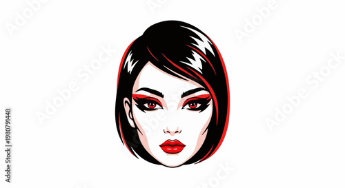 A graphic illustration of a woman's face with striking red makeup