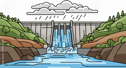 A grand dam with water flowing, surrounded by green hills under stormy clouds