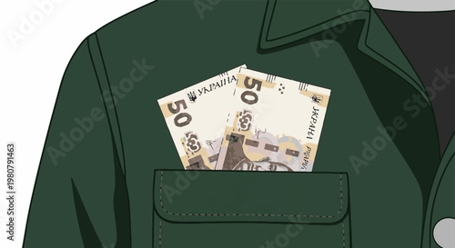 A close-up of Ukrainian 50 hryvnia banknotes peeking from a green jacket pocket