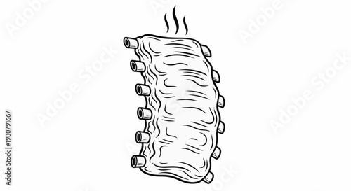 A close-up line drawing of a rack of steaming hot ribs
