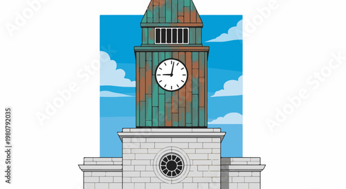 A clock tower with a weathered copper top stands tall against a blue sky