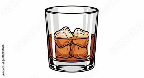 A clear glass tumbler filled with amber liquid and ice cubes
