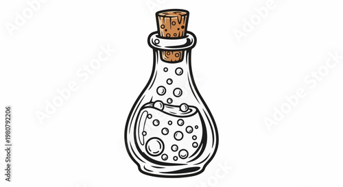 A clear glass bottle with a cork stopper, filled with bubbly liquid