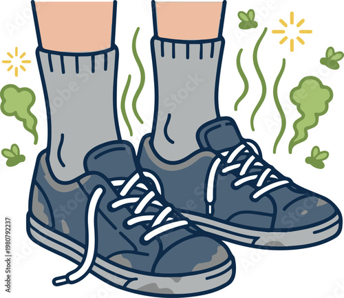Illustration of smelly sneakers with odor lines rising, highlighting unpleasant shoe odor and hygiene issues in a humorous cartoon style.
