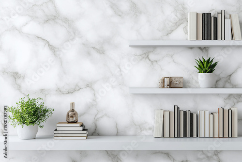 Minimalist home office backdrop with white floating shelves on a marble wall, styled with vintage books and greenery for video call setting.