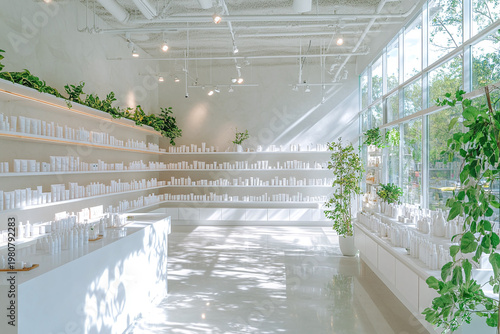 Spacious white beauty store with long product shelves, ceiling lights and sunlit greenery. Modern retail backdrop for skincare merchandising and wellness promotions.