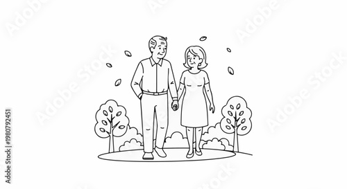 A happy couple walks hand-in-hand through a park with trees and falling leaves