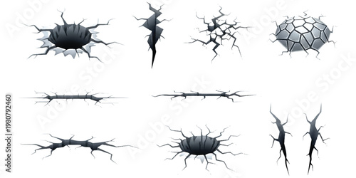A collection of various ground crack illustrations featuring different shapes and sizes for design