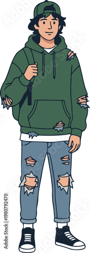 Young man in casual streetwear with a backpack, wearing a green hoodie and ripped jeans, representing urban fashion and a relaxed everyday style.
