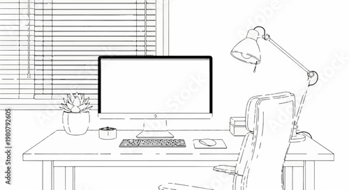 A clean desk setup with a computer, lamp, and plant under blinds