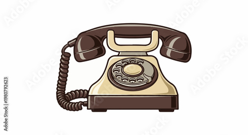 A classic rotary dial telephone with a cream-colored base and brown handset