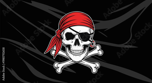 A classic pirate skull with a red bandana and crossed bones on a dark background
