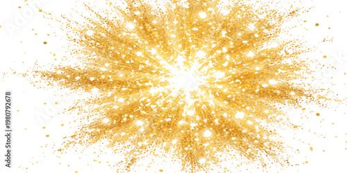 A bright golden explosion of fire and glowing light sparkles with orange stars and Christmas bokeh for a festive holiday celebration design