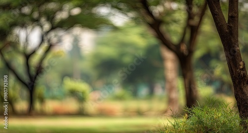 Soft-focus park scene with blurred trees and greenery; foreground tree trunk and grass
