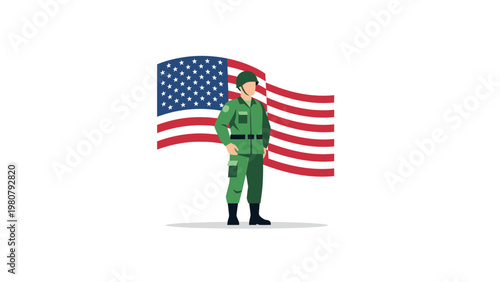 American soldier in green uniform standing.