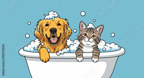 A happy golden retriever and cat enjoying a bubble bath