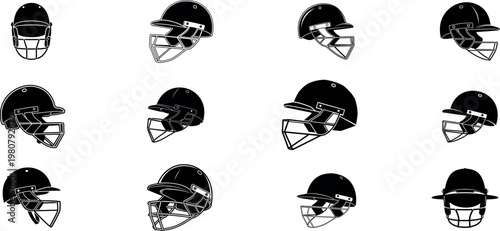 Cricket helmet collection diverse designs and safety gear silhouette illustrations