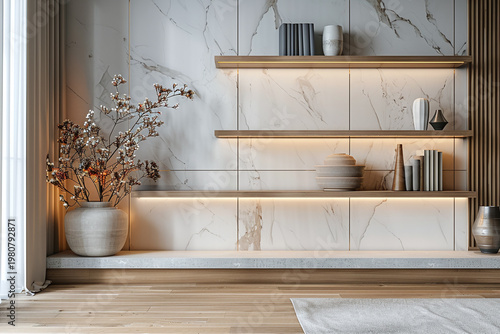 Modern japanese style study with natural wood, greenery, and a calming ambiance. Professional backdrop setting for remote work, video calls and creative inspiration.