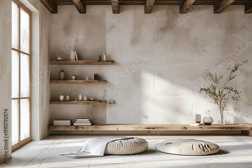 Washitsu style office space with sliding doors, airy design, and balanced aesthetics providing a serene virtual meeting backdrop.