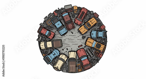 A circular arrangement of various abandoned, broken-down vehicles and debris