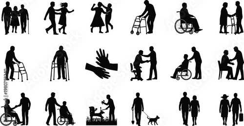 Elderly caregiver silhouettes, senior support, aging population, companionship artwork, mobility assistance design, healthcare concept, black vector illustration
