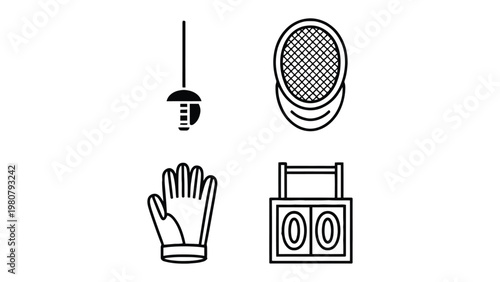 Fencing Essentials: Isolated icons, featuring a foil, mask, glove and scoreboard, represent the necessary tools and equipment for the sport of fencing, set against a pristine backdrop.