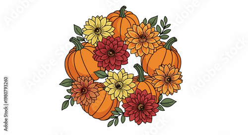 A circular arrangement of pumpkins, flowers, and leaves in fall colors