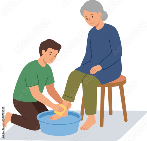 Young man washing an elderly woman’s feet in a basin, representing care, respect, and compassion in a family or caregiving setting.
