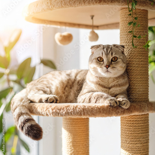 Scottish Fold cat resting cozily on a shelf of a cat tree, basking in warm sunlight streaming through the window in a comfortable home interior. Soft natural light, relaxed indoor pet lifestyle