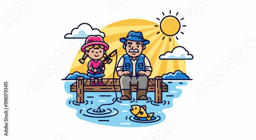 A child and an adult fish together on a sunny day