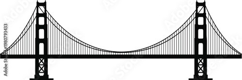 Suspension bridge silhouette, Golden Gate style, iconic landmark, architectural design, engineering artwork, urban structure, transportation concept, black vector illustration