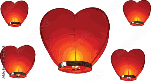 Heart shaped sky lanterns, love celebration, romantic decoration, glowing light artwork, festive symbol, wedding concept, holiday vector illustration